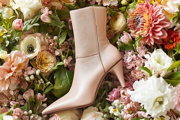 An elegant composition of pointed-toe booties surrounded by fresh flowers, invoking a refined, feminine elegance ideally suited for spring.