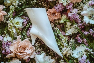 An elegant composition of pointed-toe booties surrounded by fresh flowers, invoking a refined, feminine elegance ideally suited for spring.