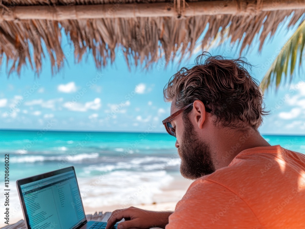 Poster Remote Work Revolution Tropical Productivity Unleashed - Millennial Digital Nomad Coding in Paradise, Blending Wellness, Technology, and Flexible Lifestyle Aesthetics