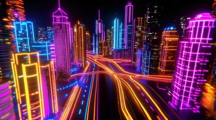 Neon city skyline at night with blurred traffic