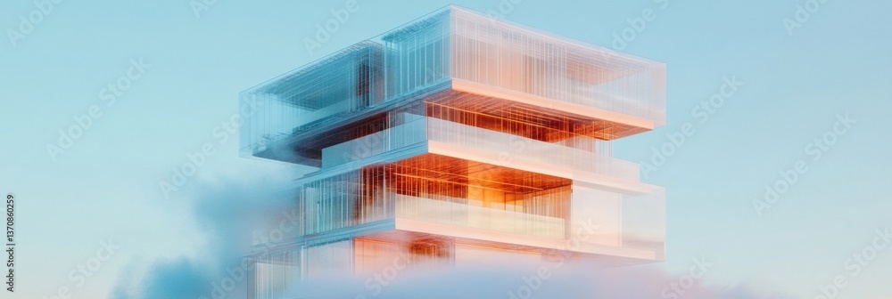 Aufkleber Metamorphic Urban Architecture Translucent Glass-Layered Building in Dynamic Digital Visualization - Futuristic Design Innovation