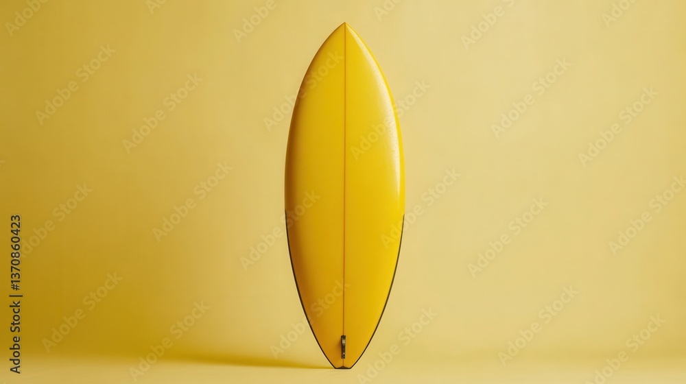 Poster Vibrant yellow surfboard stands upright in a minimalist studio setting casting shadows on a soft yellow background showcasing summer vibes