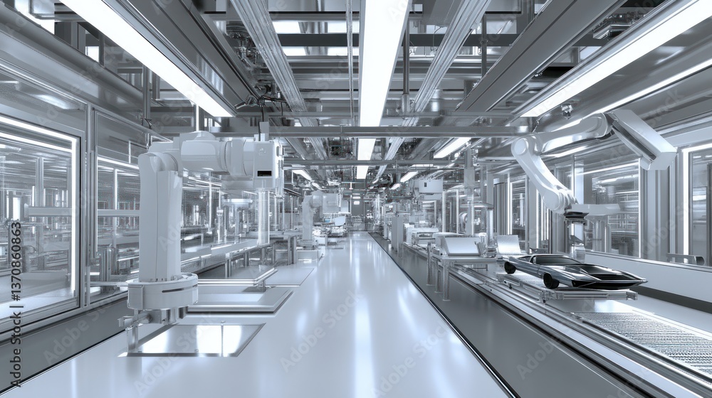 Poster modern automated car factory assembly line