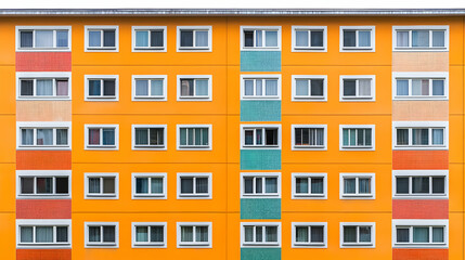 Obraz premium Orange Multistory Apartment Building Facade With Colorful Panels