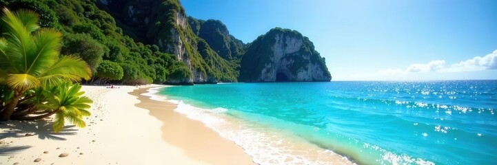 Obraz premium Idyllic Kelingking Beach, Nusa Penida Sunlit turquoise waters, towering cliffs , tropical, nature