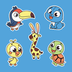 Cute Cartoon Animal Stickers Set on Blue and White  Background .