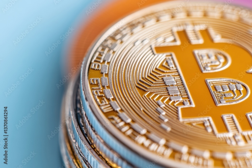 Poster Next-Gen Fintech Visualization Metallic Bitcoin Coin on High-Resolution Circuit Board - Cutting-Edge Cryptocurrency Investment and Digital Asset Exploration
