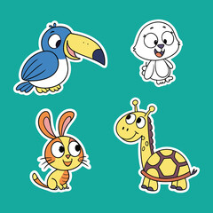 Cute Cartoon Animal Stickers Set on Blue and White  Background .