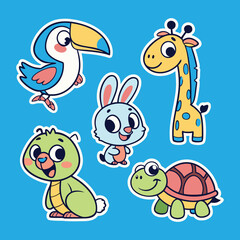 Cute Cartoon Animal Stickers Set on Blue and White  Background .
