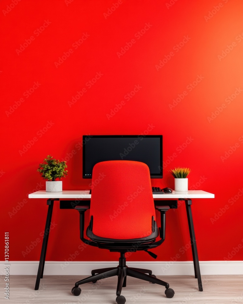 Poster minimalist crimson workspace high-performance home office design with ergonomic precision - inspirin