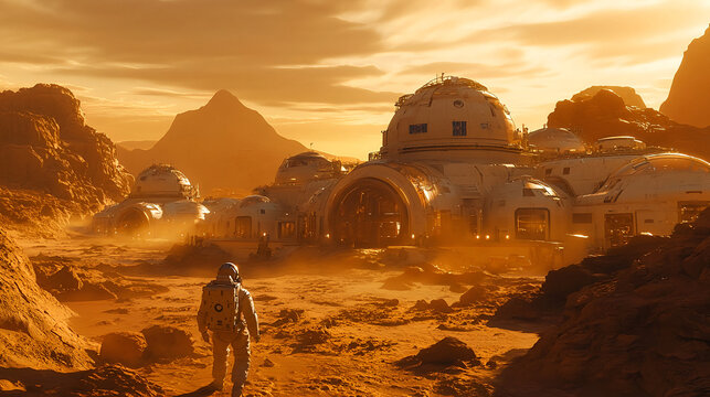 A futuristic Mars colony with domed habitats and research stations