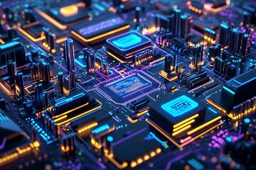 Obraz premium A futuristic cityscape of glowing circuits and microchips, a vibrant digital metropolis illuminated with neon blue and orange hues.