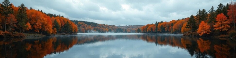 Fototapeta premium Lake surrounded by fiery autumn forest, overcast Estonian sky , clouds, bird's eye view