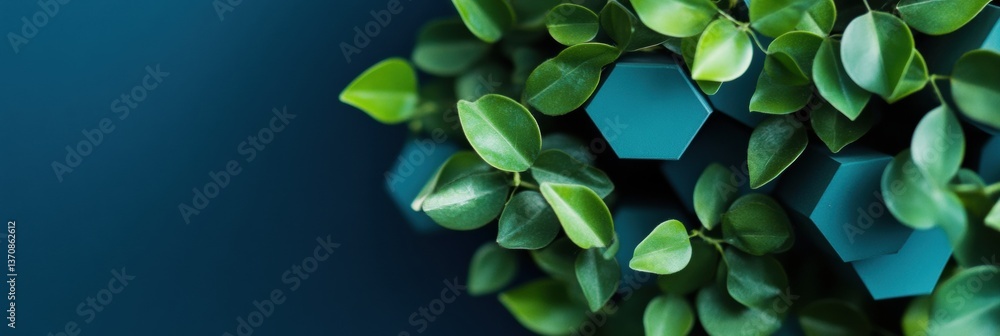 Aufkleber Biomimetic Tech Visualization Organic Leaf Network Intertwined with Futuristic Hexagonal Blockchain Nodes - Sustainable Digital Innovation Meets Natural Design Principles