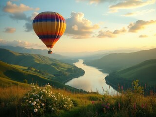 Hot Air Balloon Over River