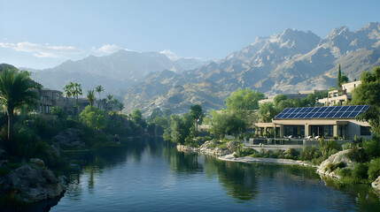 Fototapeta premium Serene Mountain Landscape With River And Houses