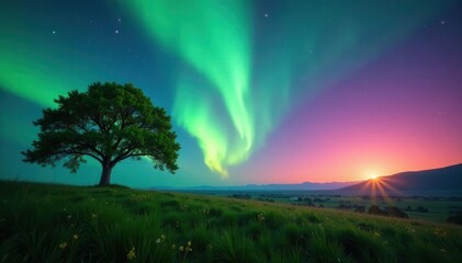 Obraz premium Luminous aurora borealis illuminates vibrant green tree & meadow , travel, majestic
