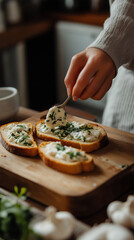 Woman spreading homemade garlic herb sauce on toast in cozy kitchen