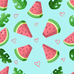 Watermelon wedges with green tropical leaves vector seamless pattern with cute hearts. Fruit summer seamless pattern with watermelon slices. Useful for wrapping paper and decorations. blue background