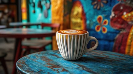 Latte art, cafe, table, colorful wall, coffee shop, beverage