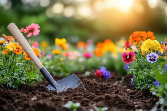Fototapeta Gardening Bliss A Shovel Resting in Rich Soil Amidst Vibrant Flowers Under Warm Sunlight Capturing the Essence of Spring and the Joy of Cultivation