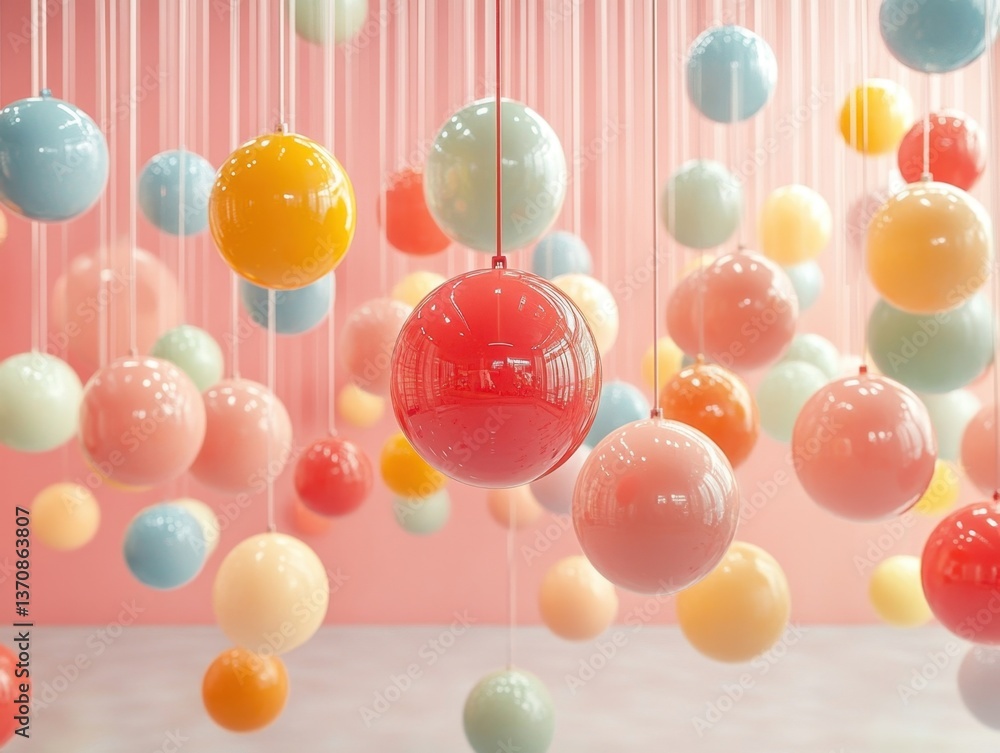 Aufkleber colorful ornaments hanging from strings against a pink background creating a festive and playful atm