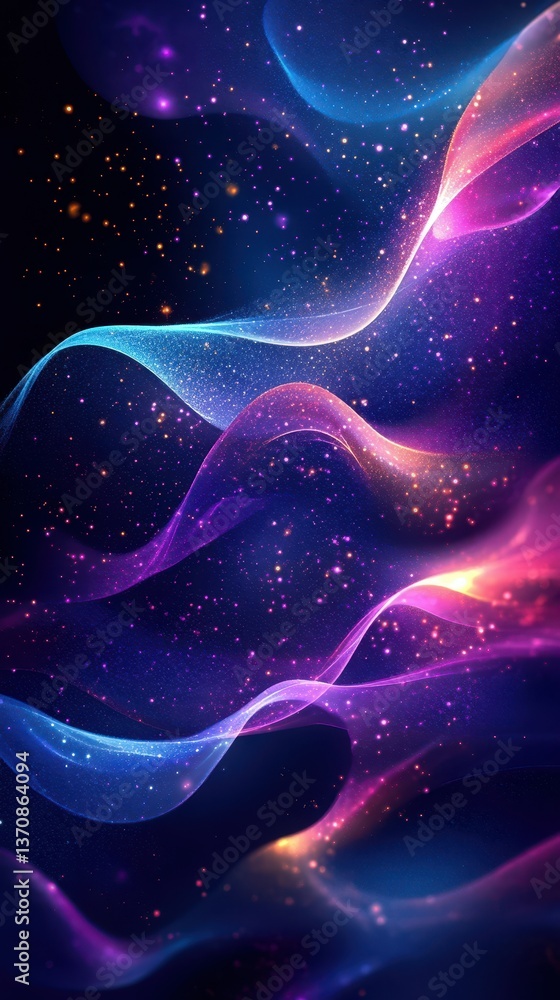 Poster colorful abstract wave patterns illuminate a dark background with stars and light