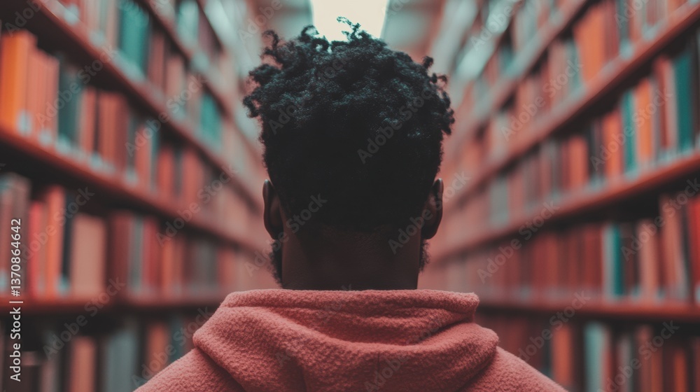 Aufkleber minimalist archive navigation gen z professional in terracotta hoodie exploring knowledge repositori