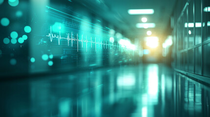 Medical hallway with EKG data overlay