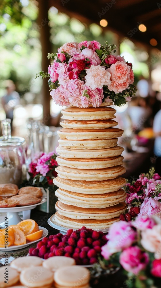 Poster towering pancake stack adorned with vibrant floral arrangement and fresh berries creating a delightf