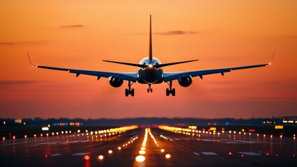 A large jetliner taking off from an airport runway at sunset