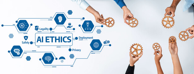A vibrant representation of collaboration on AI ethics, showcasing hands holding gears, emphasizing principles such as legality, safety, and privacy in technology. Amity