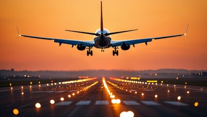 A large passenger jet taking off from an airport runway