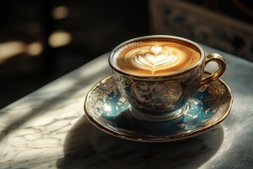 A cup of latte art coffee sits on an ornate teal and gold saucer atop a marble surface. Sunlight illuminates the scene. The cup features an intricate gold design