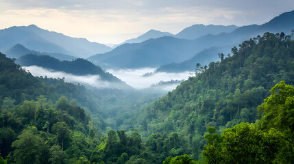 Fototapeta premium Misty Valley Between Lush Green Mountains