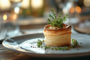 A single, golden-brown pastry, garnished with fresh thyme, rests on a light gray plate. The background is blurred, suggesting a dimly lit, elegant dining setting