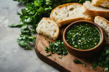 Fresh herb and garlic sauce with parsley and baguette slices on wooden board