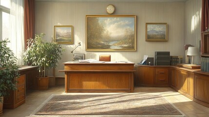 Estores personalizados com sua foto A wood paneled office with desk, plants, paintings, and bright window light, creating a calm space
