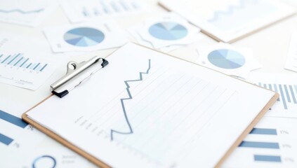Pile of statistical business reports.Many growth charts. Gathering and analyzing data