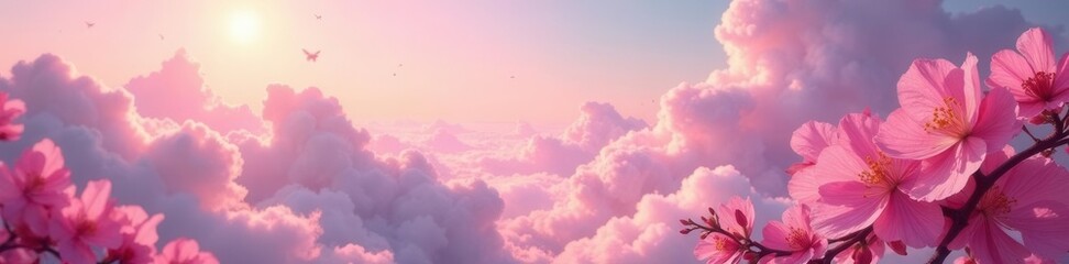 Fototapeta premium Rose-hued cloud, pink flower cascade Celestial, romantic vista , air, texture, delicate