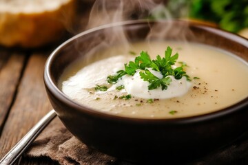 Close-up of a bowl of steaming creamy soup, garnished with parsley and a dollop of sour cream. The soup is pale beige, served in a dark brown bowl