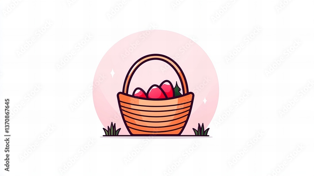 Poster basket holds red objects and a small tree against a pastel pink circular background with scattered s