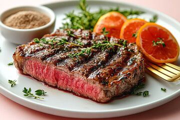 Piece of meat with a fork and knife on a white plate. The meat is cooked and has a pink center. There are also some oranges on the plate