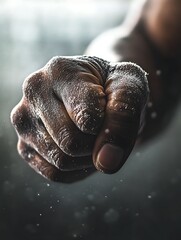 Obraz premium Close-up of a boxer�s hands wrapped in bandages, clenched fists showing strength and determination in gym lighting