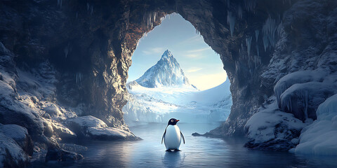 Penguin Standing at the Entrance of a Mysterious Ice Cave Background for Arctic Adventure, Fantasy Art, or Exploration Themes