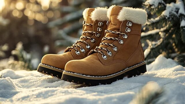 Hiking Boots Ready for Winter Adventure Standing on Snow with Bokeh Background