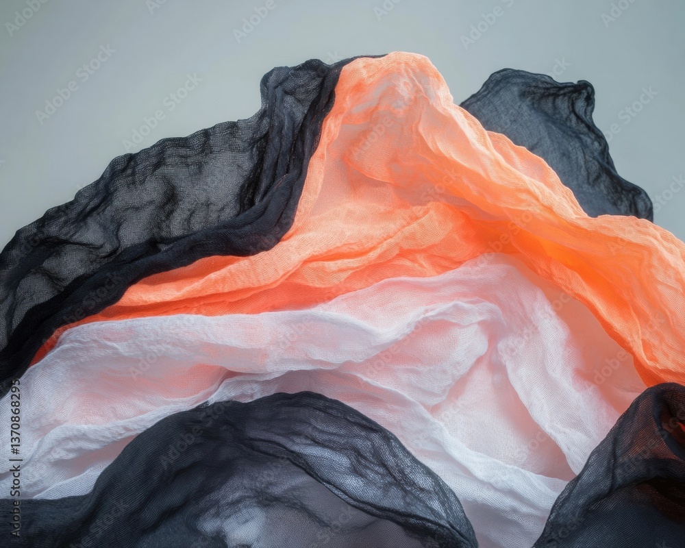 Poster ethereal gradient textiles translucent coral and charcoal fabric layers redefining soft sculptural d