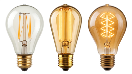 A close up of three vintage style light bulbs with different filaments on  isolated on transparent or white background, png