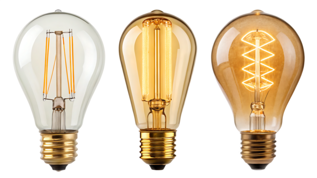 A close up of three vintage style light bulbs with different filaments on  isolated on transparent or white background, png