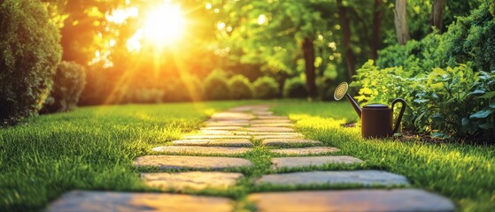 Fototapeta premium Serene Garden Path with Golden Sunlight Illuminating Lush Greenery and a Classic Watering Can Creating a Tranquil and Inviting Outdoor Scene